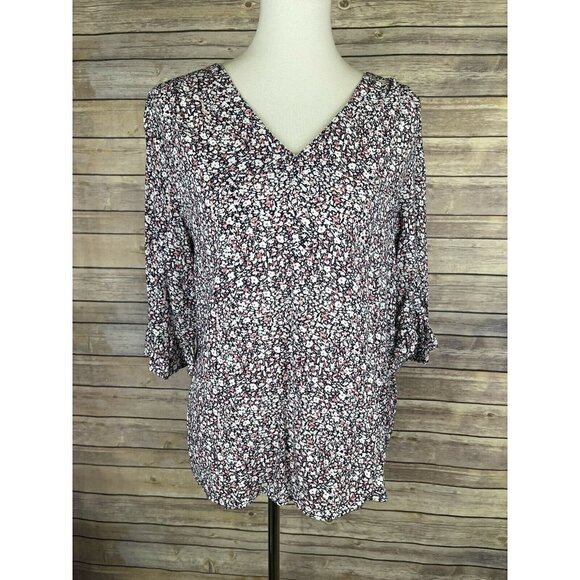 Rachel Roy Small Floral Blouse V Neck Ruffled Slv - Picture 1 of 10